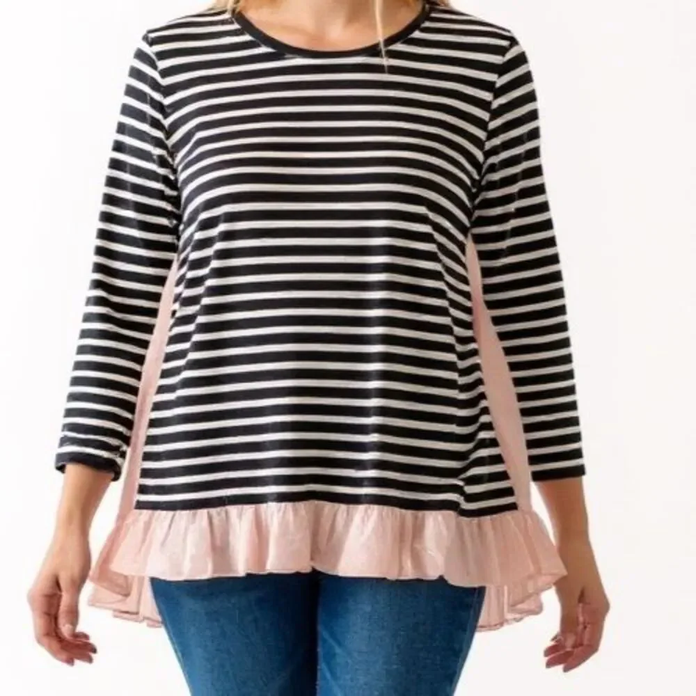 NEW Hayden Long Sleeve Striped Top Women Large Black Pink Ruffles Tunic